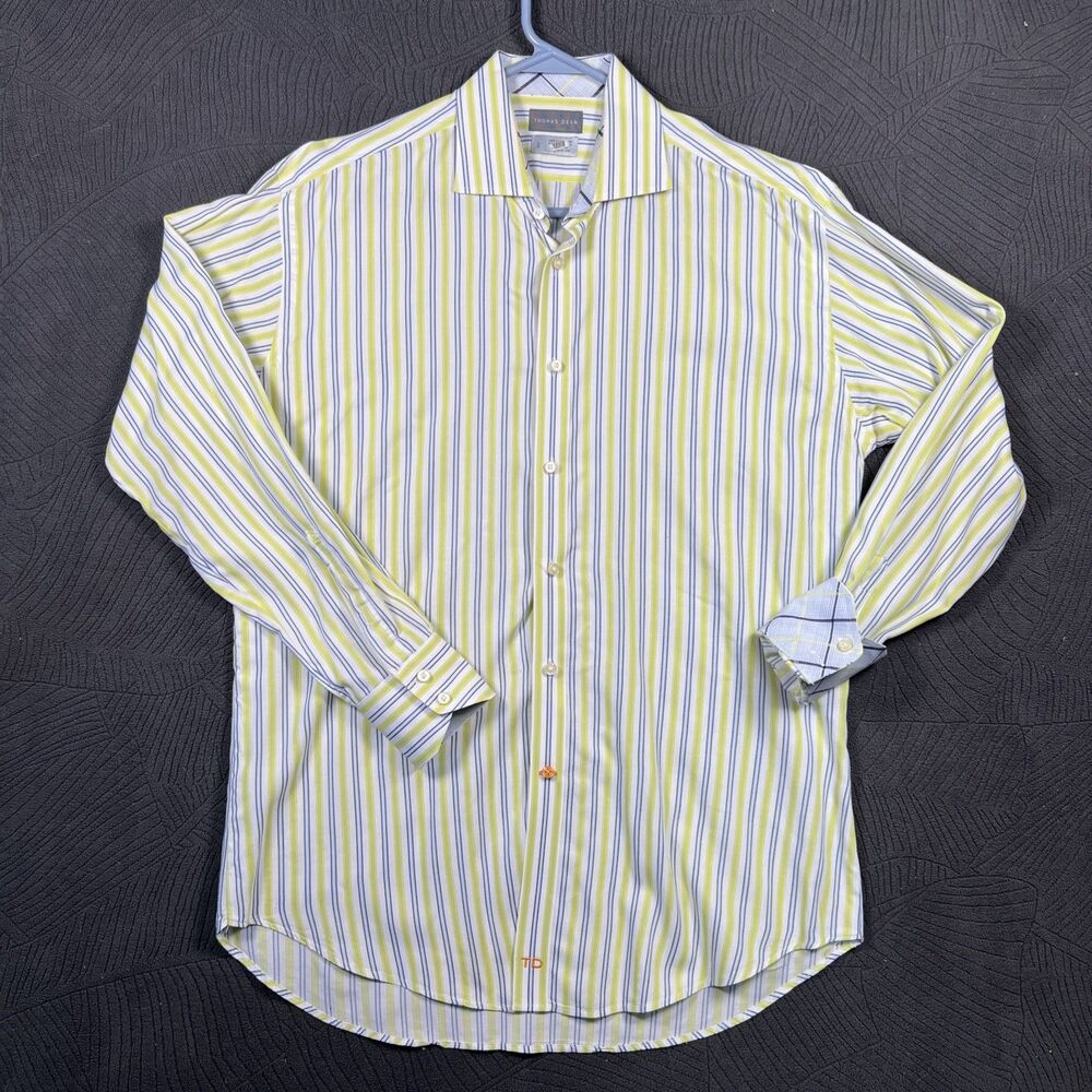 thomas dean button up shirt L Green Blue White Vertical Stripe